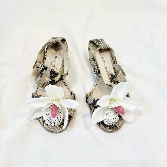 Up-cycled Jimmy Choo Orchid flower shoes sandals 36 snakeskin wedges Y2K heels - Picture 1 of 4